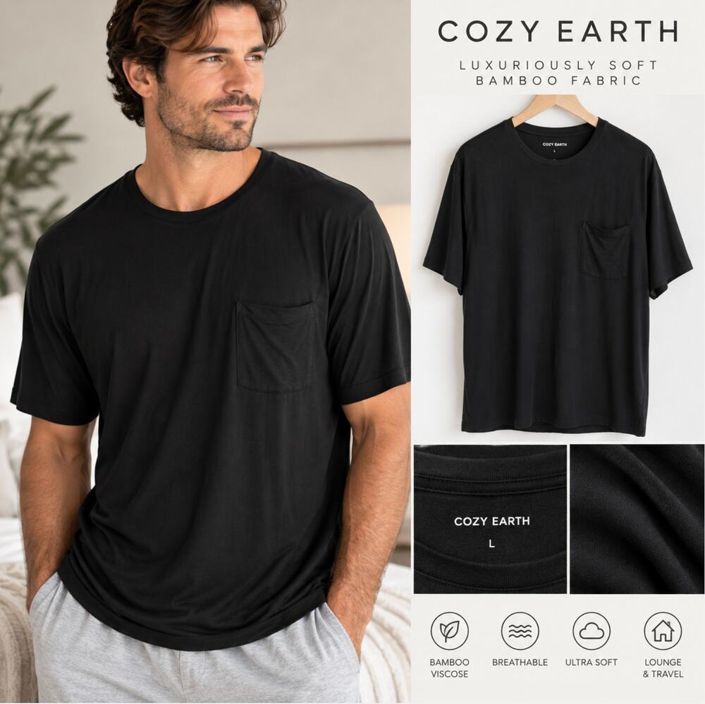 Cozy Earth Men's Bamboo Stretch Knit Lounge Tee Black Pocket T-Shirt Size L